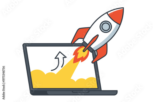 Rocket launching from laptop screen, business growth concept, startup vector icon, success launch symbol