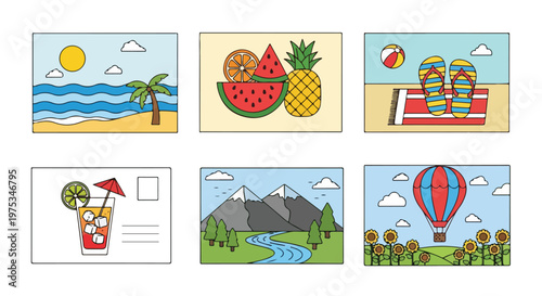 Six colorful illustrations depicting summer scenes beaches, fruit, and landscapes