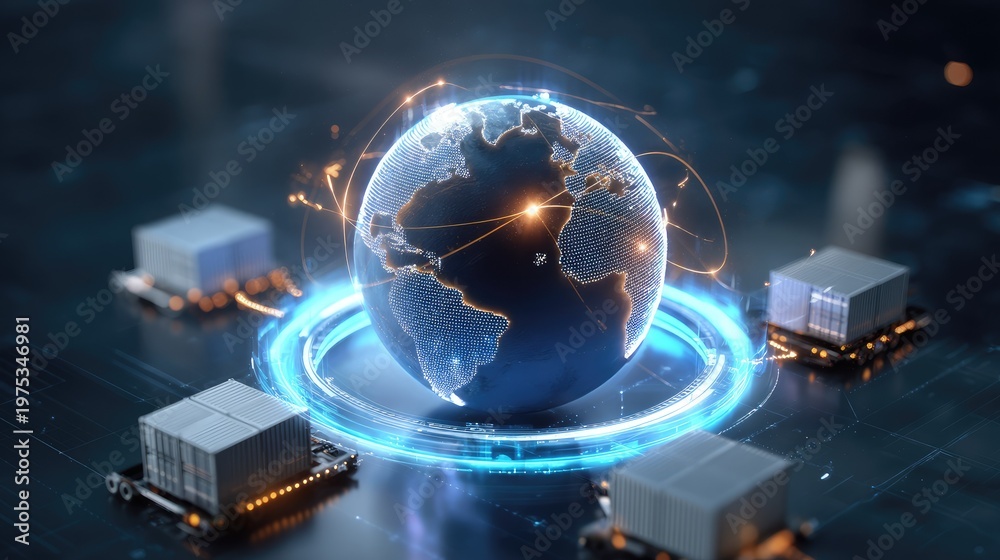 Obraz premium Digital representation of interconnected global supply chains with network and cargo shipping containers on a futuristic background in a high-tech environment