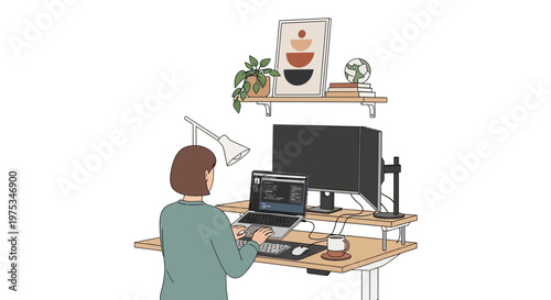 Office worker, woman at desk with computer, modern workspace, home office setup, illustration