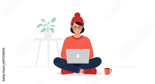 woman with laptop, sitting cross-legged, casual outfit, relaxed, modern illustration
