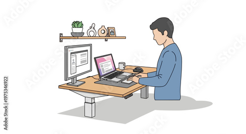 Office worker, man at desk, computer and laptop, workspace setup, business professional