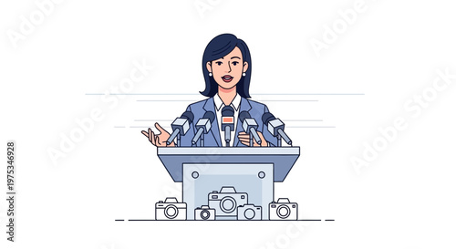 Businesswoman speaking at podium with microphones, press conference illustration, female executive, public speaking