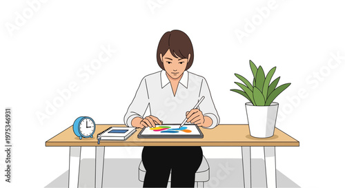 Businesswoman working, office desk, woman at work, illustration, vector graphics