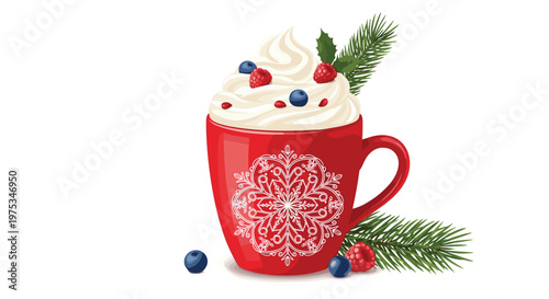 Red mug with a white snowflake design filled with whipped cream, raspberries, blueberries, and pine branches.