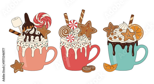 Delicious hot chocolate drinks in colorful mugs decorated with whipped cream, gingerbread stars, candy canes, chocolate sticks, and fruit slices.