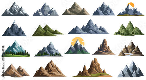 Mountain peaks showing different shapes, snowy summits, forested bases, and rocky terrain in a unique and modern pixelated digital art style.