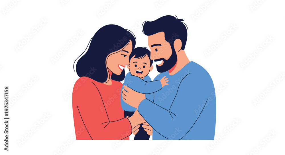 Fototapeta premium Heartwarming family portrait featuring a mother and father smiling while holding their young baby in a loving and caring embrace.