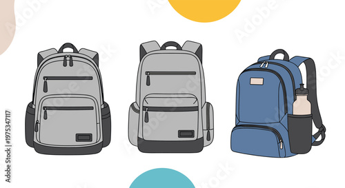 Selection of three different school backpacks in grey and blue colors including designs with water bottle pockets for active students.