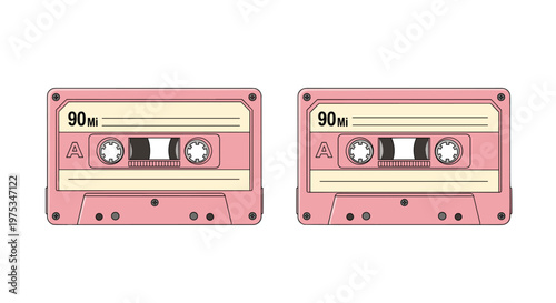 Pair of vintage pink cassette tapes placed side by side showing a classic retro audio recording format from the nineties and eighties.
