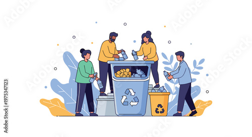 Diverse group of people working together to recycle plastic bottles by placing them into a large blue bin with a clear recycling icon.
