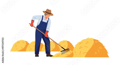 Male farmer in blue overalls and a straw hat using a rake to gather large piles of golden hay in a simple and clean flat design style.