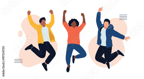 Three young friends jumping for joy with their arms raised high in the air expressing pure happiness, success, and energetic victory.