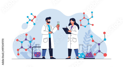 Two focused scientists in lab coats conducting research with test tubes surrounded by colorful molecular structures and lab equipment.