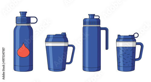 Collection of various blue reusable water bottles and mugs in different shapes and sizes designed for sports, travel, and hydration.