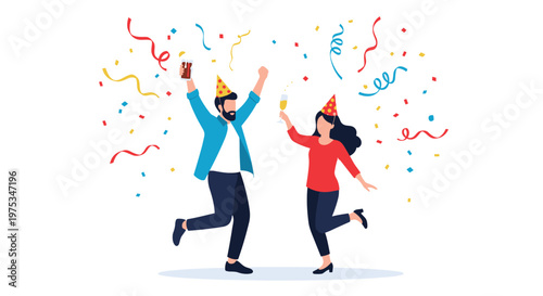 Happy couple celebrating at a festive party with confetti, hats, and drinks while dancing together in a joyful and lively atmosphere.