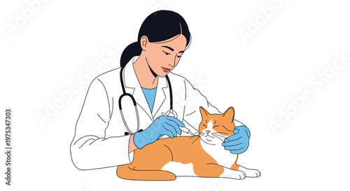 Female veterinarian wearing a white coat and blue gloves gives a medical injection to a calm ginger and white cat.