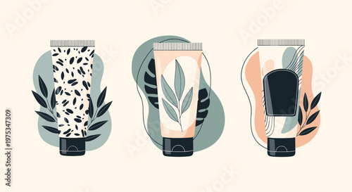 Three aesthetic cosmetic tubes for skin care are decorated with leaves and patterns against a soft pastel colored background.