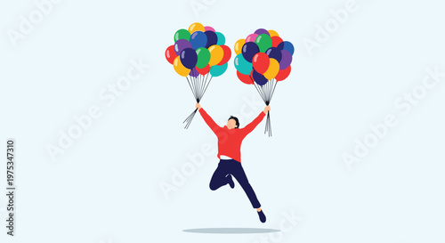 Joyful man in a red jacket jumps high into the air while holding a large bunch of colorful balloons in each hand.