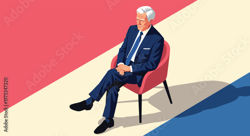 Senior businessman in a navy blue suit sits thoughtfully on a modern red chair against a minimalist color block background.