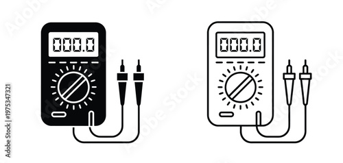 Cartoon electronic device tools including analog multimeter and digital voltmeter devices with cables, illustrating electricity measurement concepts, presented in a colorful vector style 