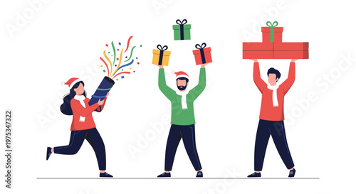 Happy group of people celebrate Christmas together by popping a confetti cannon and holding many colorful gift boxes.