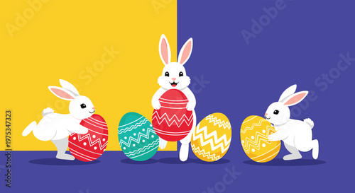 Three white Easter bunnies are having fun playing and carrying large colorful decorated eggs against a two tone background.