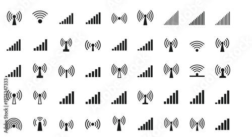 Large set of various black wireless signal, antenna, and mobile network strength icons for digital interface design.