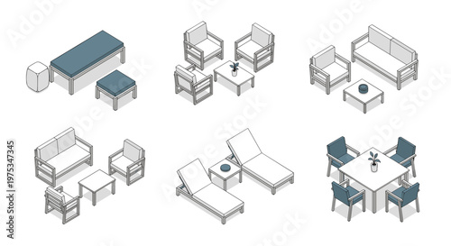 Isometric set of modern white outdoor patio furniture including sofas, chairs, tables, and sun loungers for garden design.