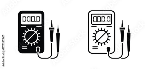 Cartoon electronic device tools showcasing analog and digital multimeters with probes and cables, representing voltage measuring instruments and electrical testing equipment, crafted in a clean vector