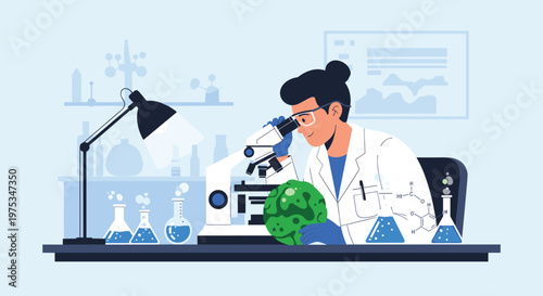 Dedicated female scientist in a lab coat looks through a microscope while analyzing a green specimen on her work desk.