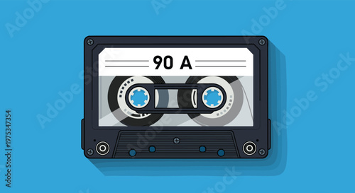 Classic black and white cassette tape for vintage music playback is shown on a solid bright blue background.