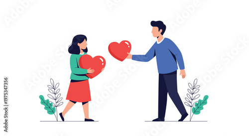 Man in a blue sweater offers a large red heart to a smiling woman carrying another heart in a romantic gesture.