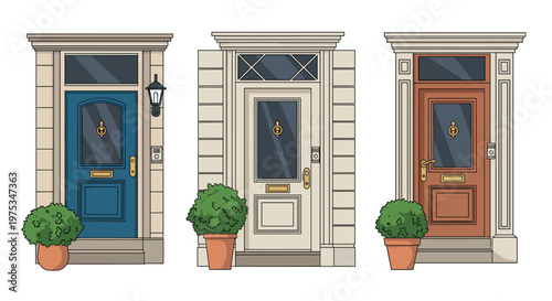 Three different architectural front door designs in blue, cream, and brown featuring ornate frames and decorative plants.