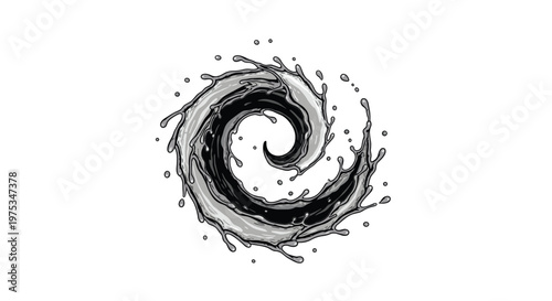 Dynamic black and gray ink or water splash forms a spiral swirl with many tiny droplets in a graphic art style.