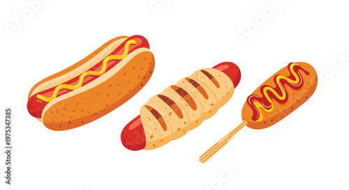 Three variations of fast food hot dogs including a classic bun, a pastry wrap, and a corn dog on a stick.