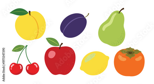 Colorful collection of fresh healthy fruits including apple, pear, plum, cherry, lemon, peach, and sweet persimmon.