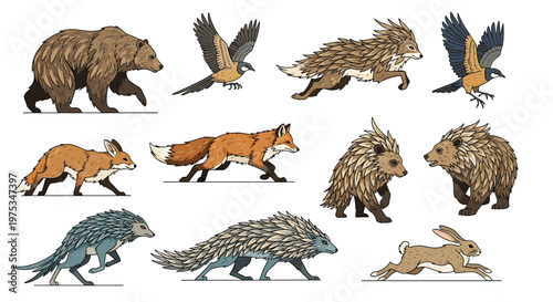 Diverse collection of forest animals including a bear, fox, birds, rabbit, and porcupine in various walking and running poses.