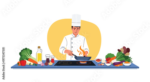 Professional male chef in white uniform and hat cooking food in a frying pan over a flaming stove in a kitchen.