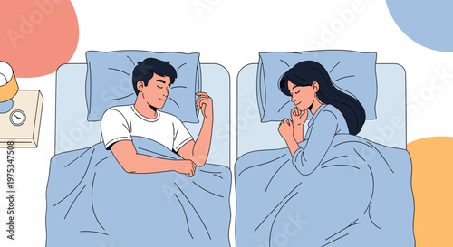 Man and woman sleeping comfortably in separate twin beds with blue pillows and blankets in a modern bedroom interior.