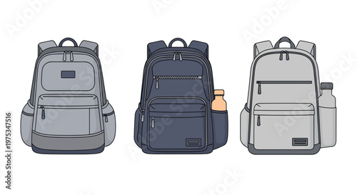 Set of three modern school or travel backpacks in different shades of grey with pockets and water bottle holders.