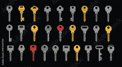 Large collection of diverse metal house and cabinet keys in silver, gold, and red colors on a black background.