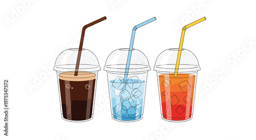 Three different cold beverages in plastic cups with dome lids, straws, and ice cubes including coffee, water, and juice.