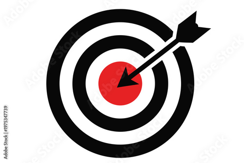 Bullseye Target, Archery Goal, Red Center, Black Arrow, Vector Icon