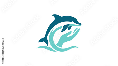 Dolphin Logo with Hands and Waves