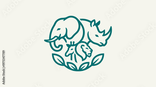 Wildlife Conservation Logo Featuring Elephant Rhino Lion and Giraffe