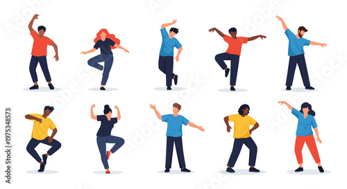 Group of diverse men and women performing various energetic dance moves in a comprehensive set of character illustrations.