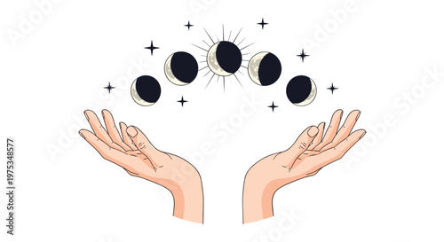 Pair of hands reaching up towards a celestial display of moon phases and twinkling stars in a mystical illustration.