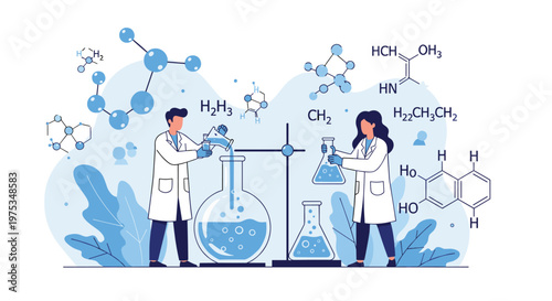 Male and female scientists conducting chemical experiments in a laboratory surrounded by giant flasks and molecules.
