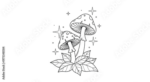 Detailed black and white line art illustration of two forest mushrooms surrounded by leaves and twinkling stars.